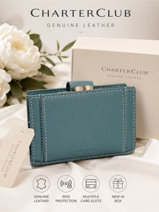 Charter Club Handbags - Charter Club Teal-Green Genuine Leather Wallet with Kiss Lock Gold Trim